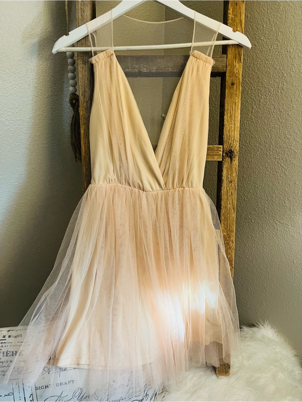 ASOS Petite Nude Blush Tulle Plunge Slip Dress